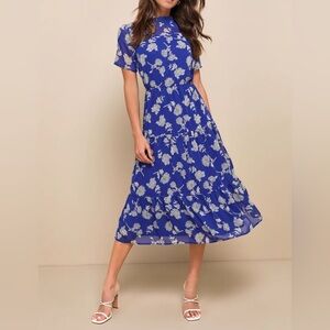 Lulus Floral Dressed Up Royal Blue Floral Print Midi Dress
